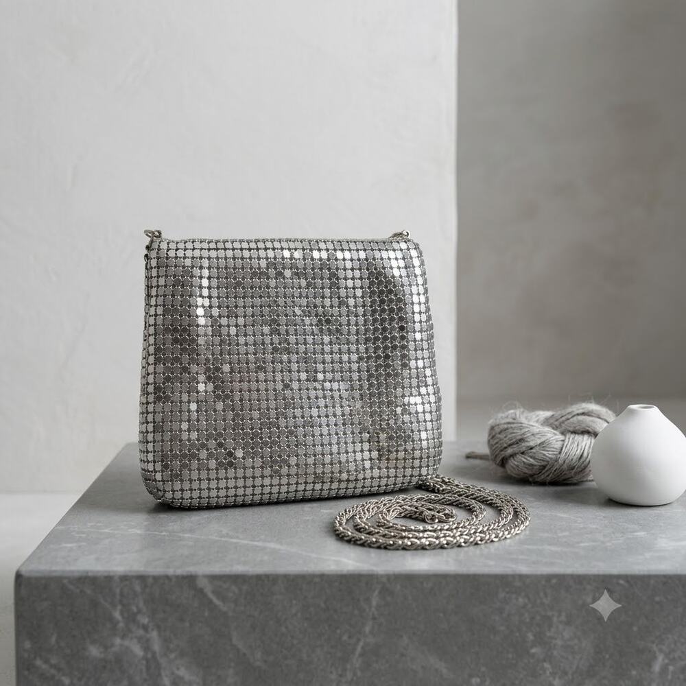 Vintage style Silver Satin Evening Bag - Silver Serpentine Chain Strap